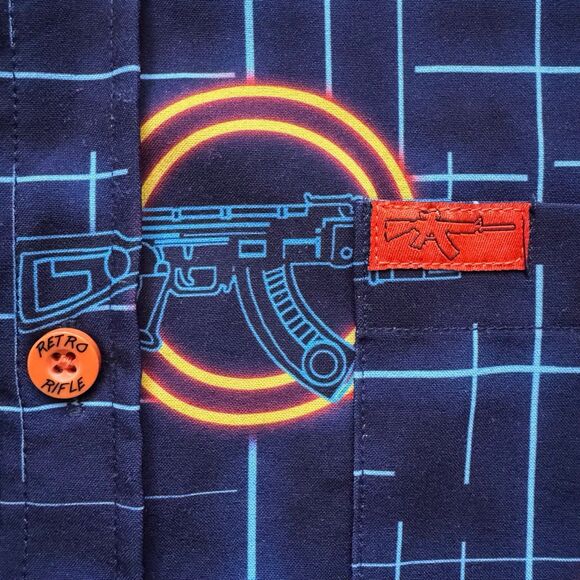 Retro Rifle “The Grid” Men’s Button Up Shirt Blue Gun Grid Pattern Stretchy Sz M - Picture 2 of 16